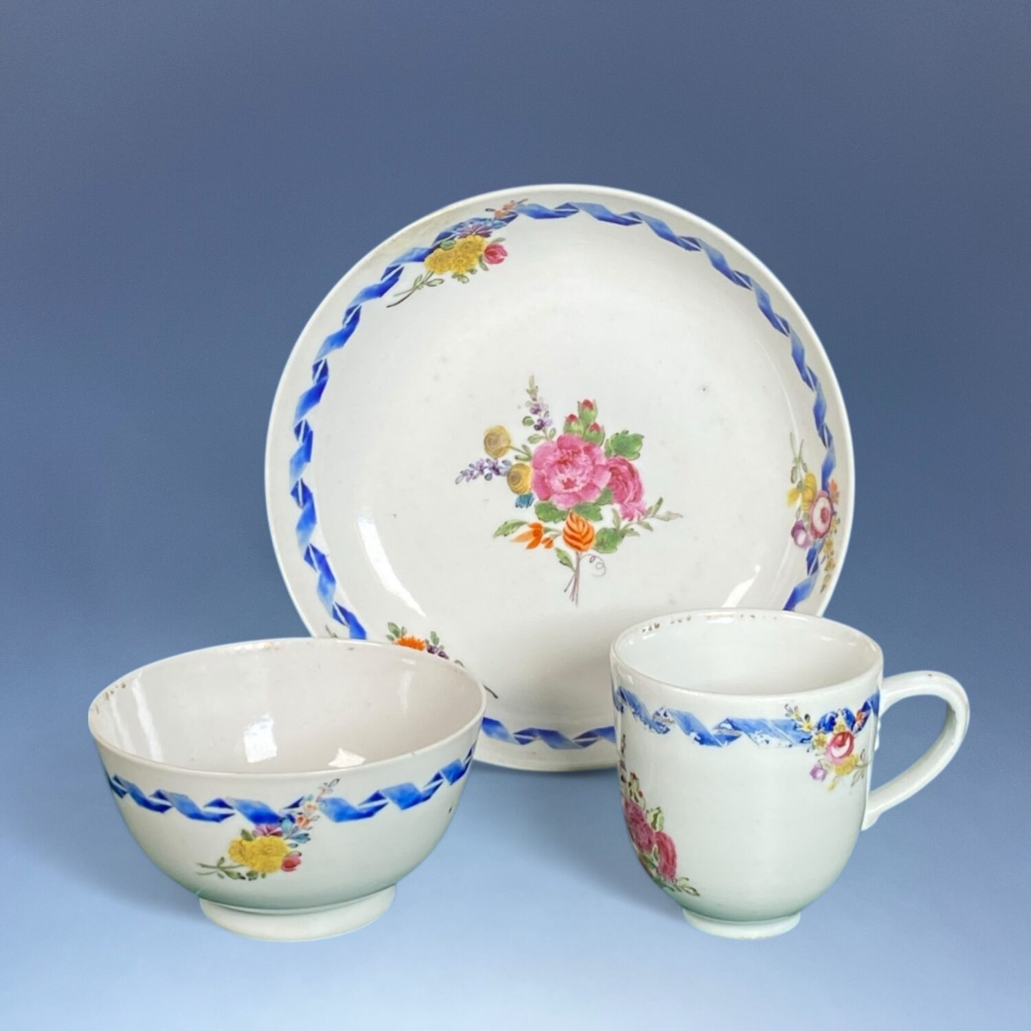 Unusual C18th Chinese Export Porcelain Trio, Meissen Style.