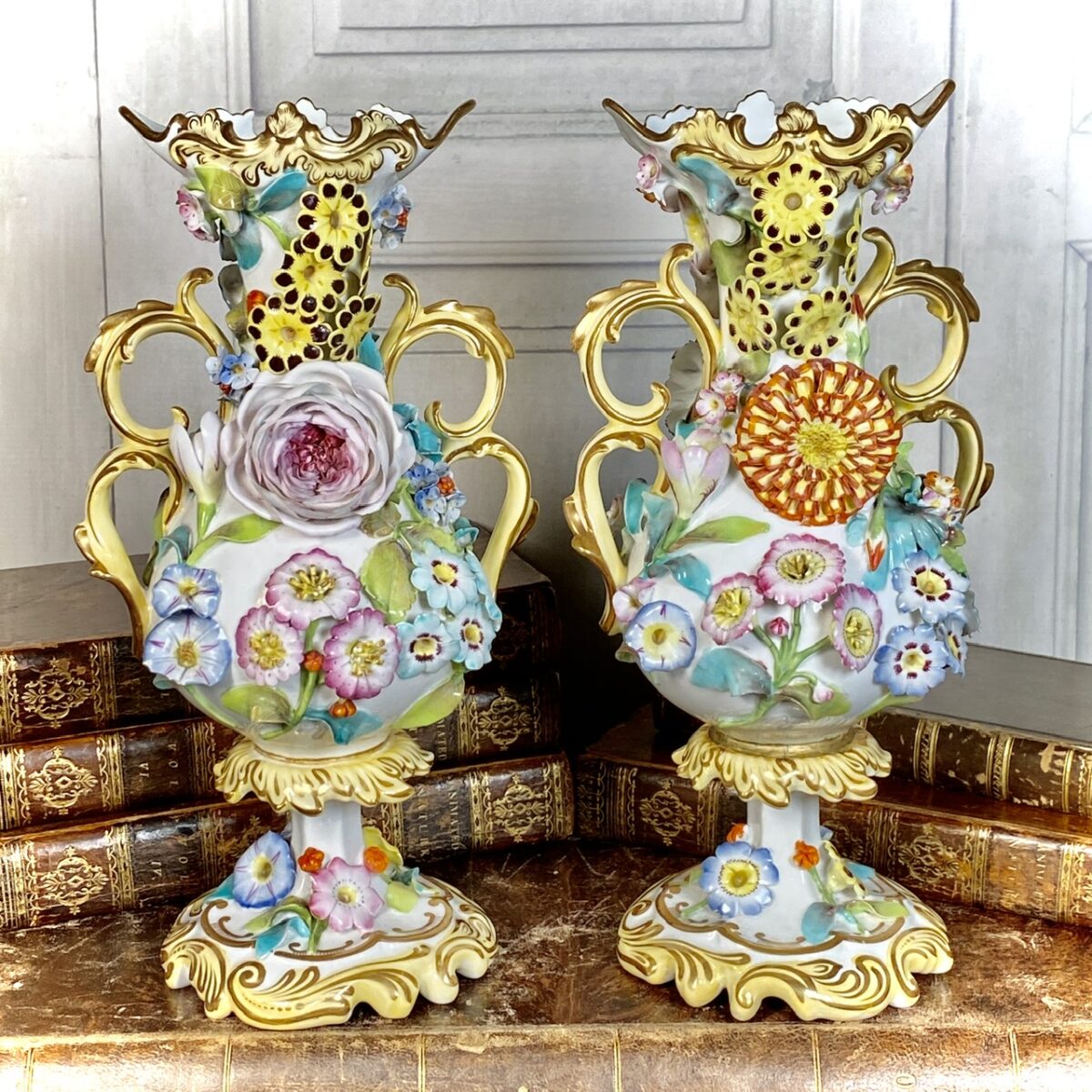 Pair of C19th Flower Encrusted Vases