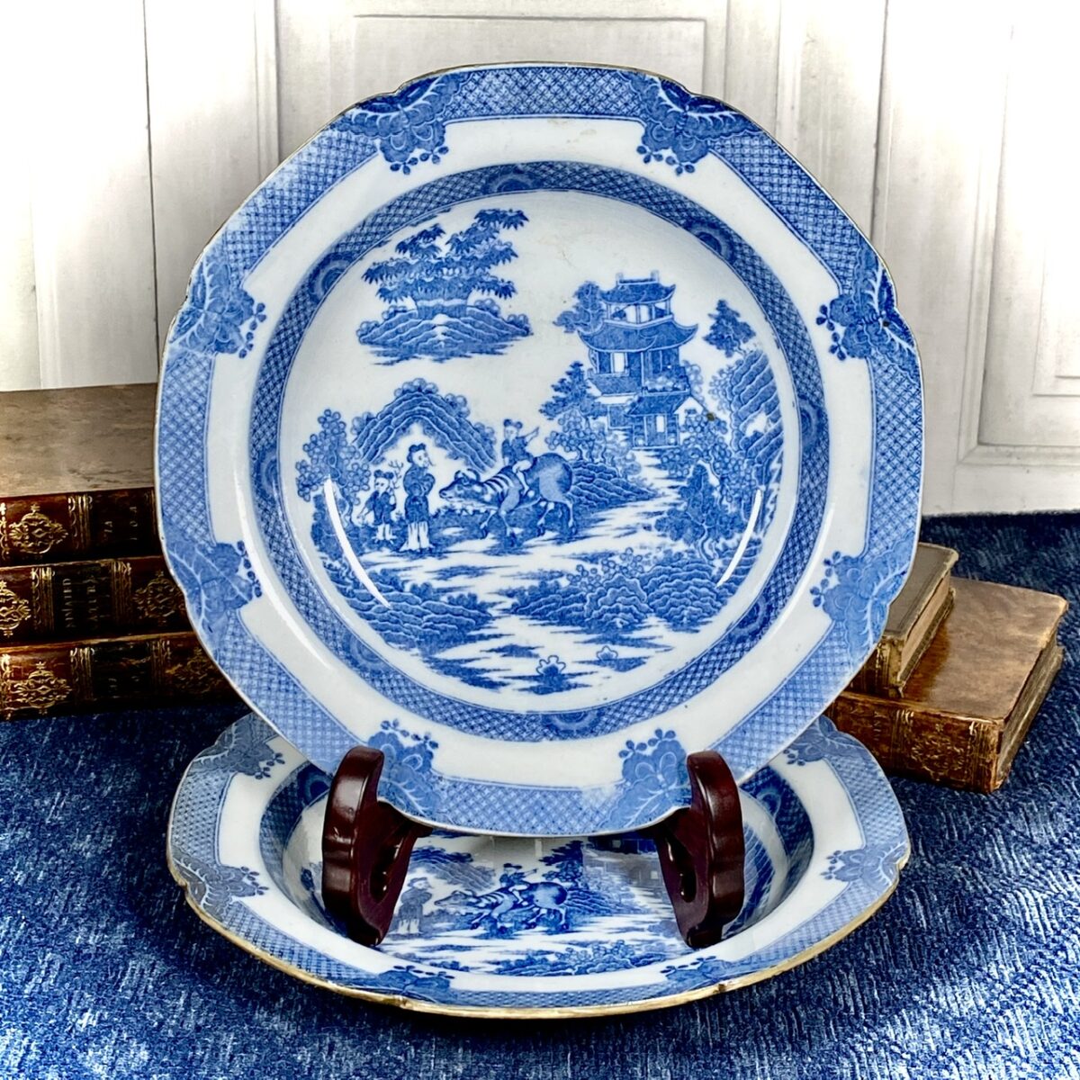Pair of Early Staffordshire Blue – ‘Boy on Buffalo’ Pattern Soup Dishes