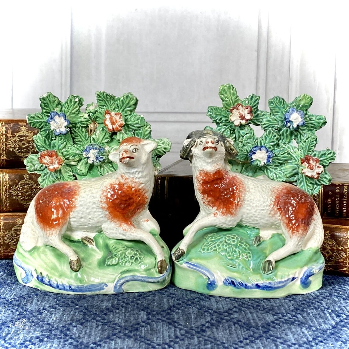 Pair of Antique Staffordshire Pottery Models of Ram & Ewe.