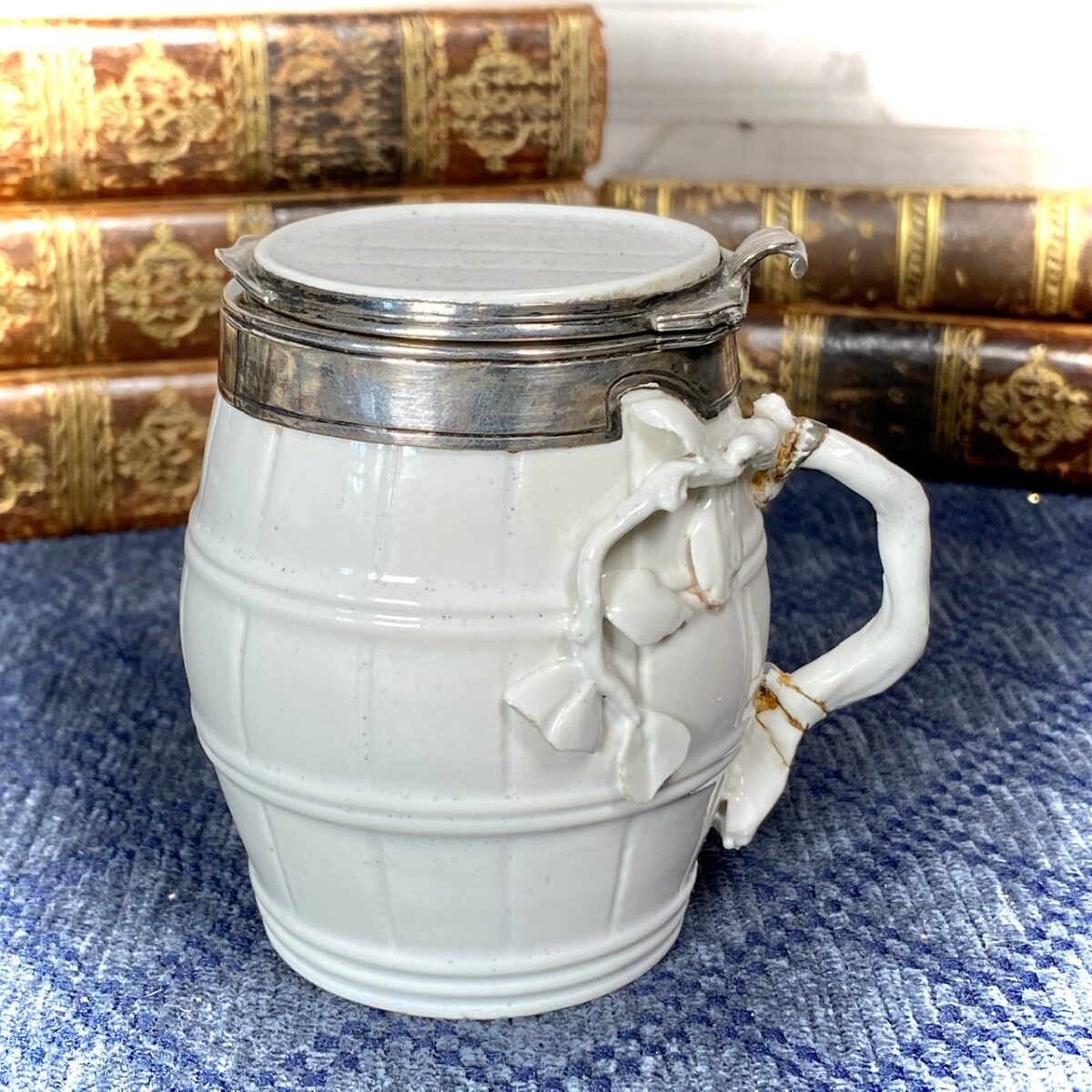 C18th French Porcelain ‘Silver’ Mounted Mustard Pot