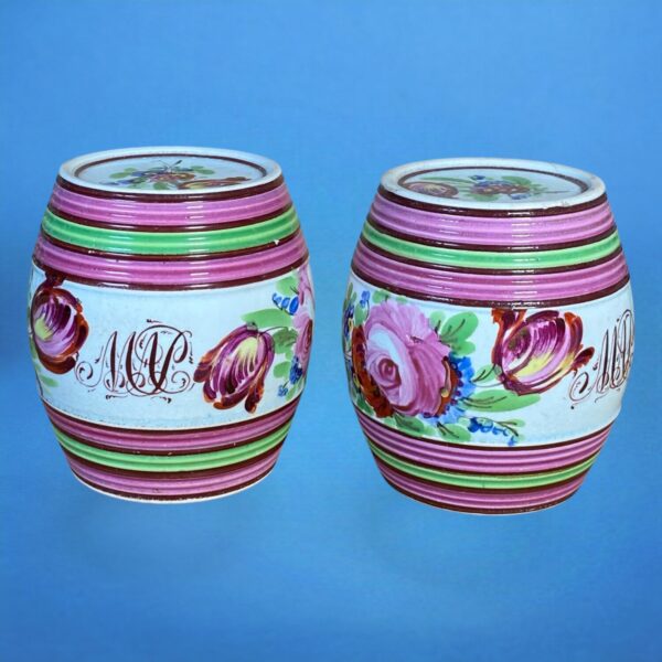 Pair of C19th Bristol Pottery Miniature Spirit Barrels. - Image 7