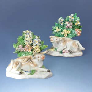 Pair of C18th Derby Porcelain Cows With Bocage
