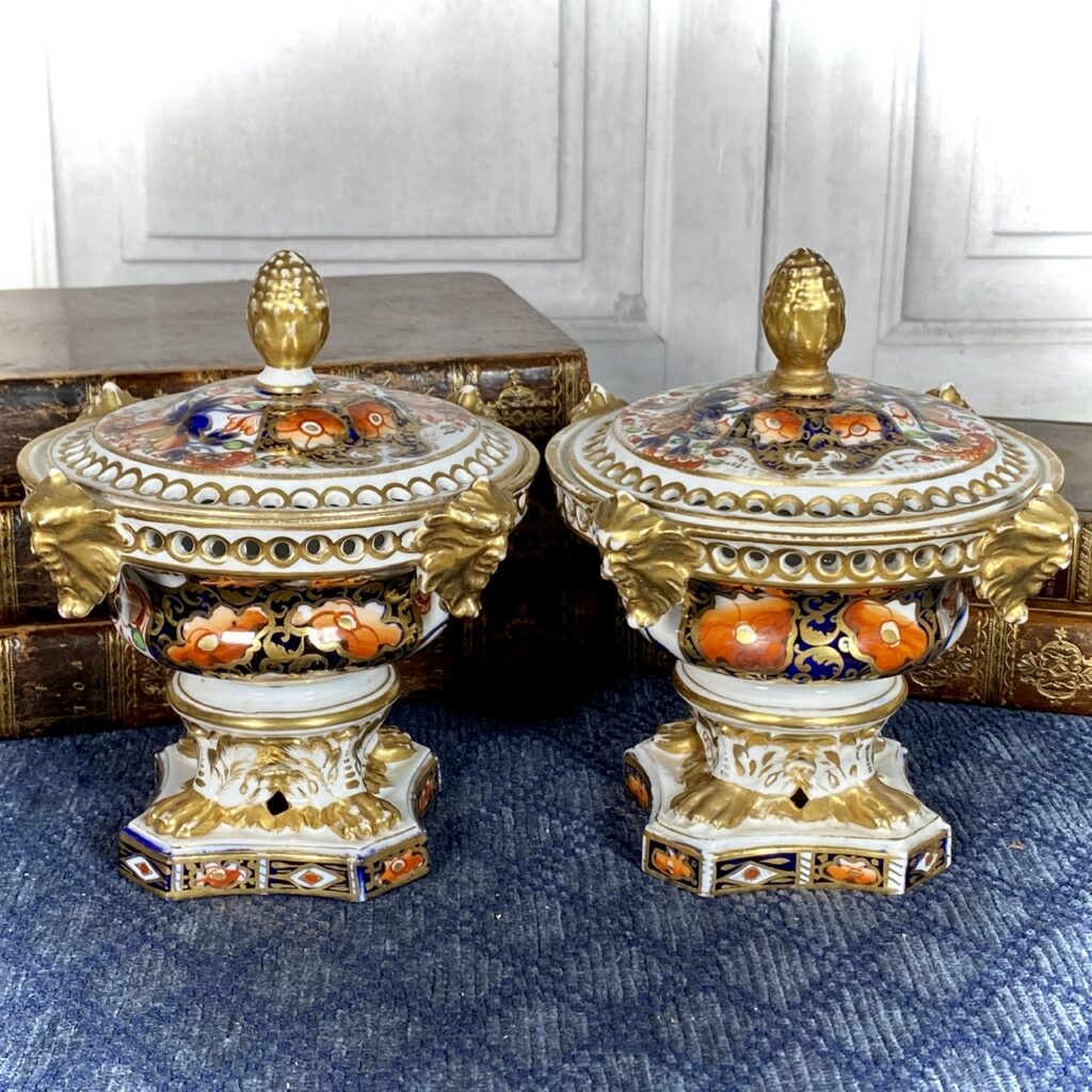 Pair Derby ‘Imari’ Pot Pourie For Restoration. Andrew Dando Antique Pottery & Porcelain