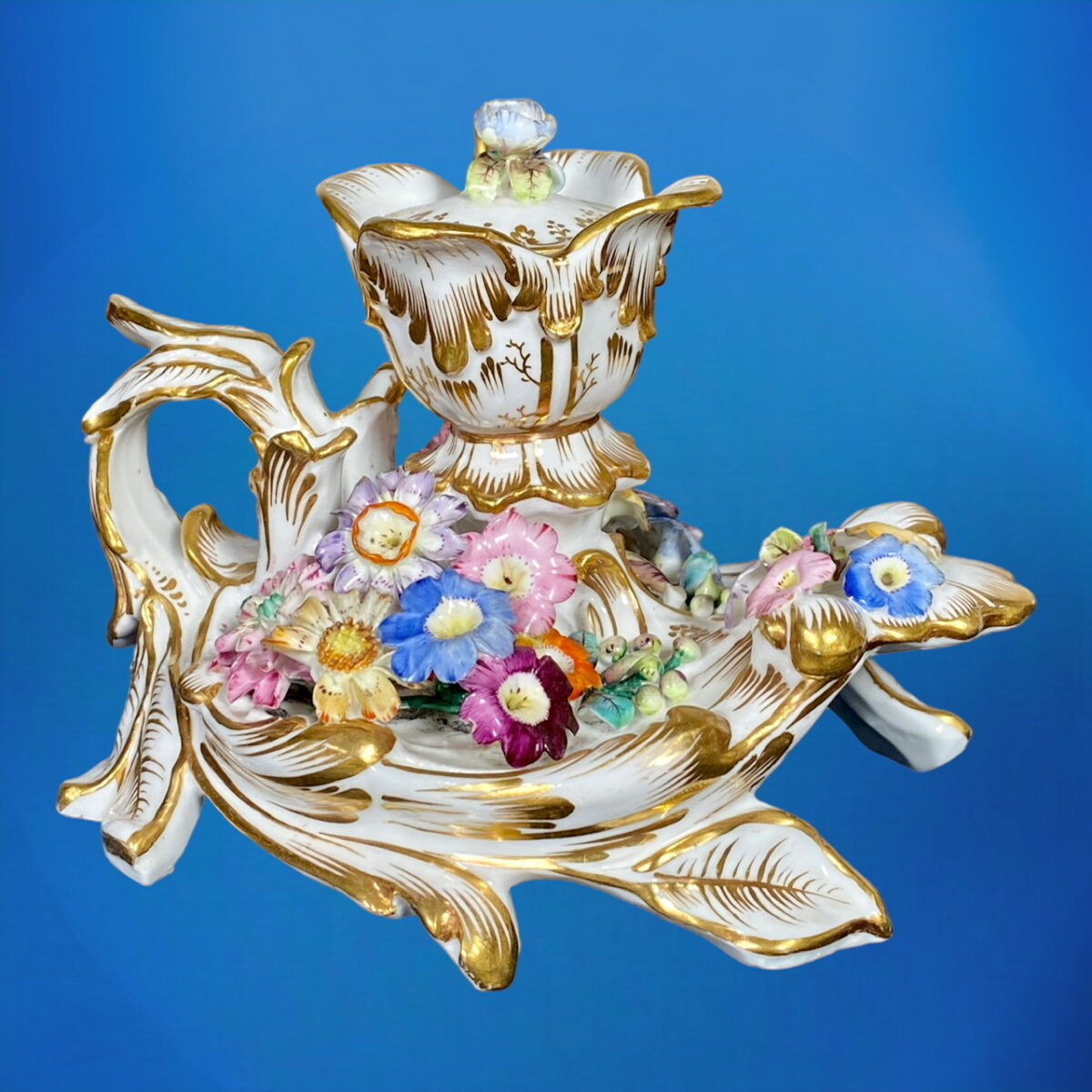 English Porcelain Flower Encrusted Inkstand