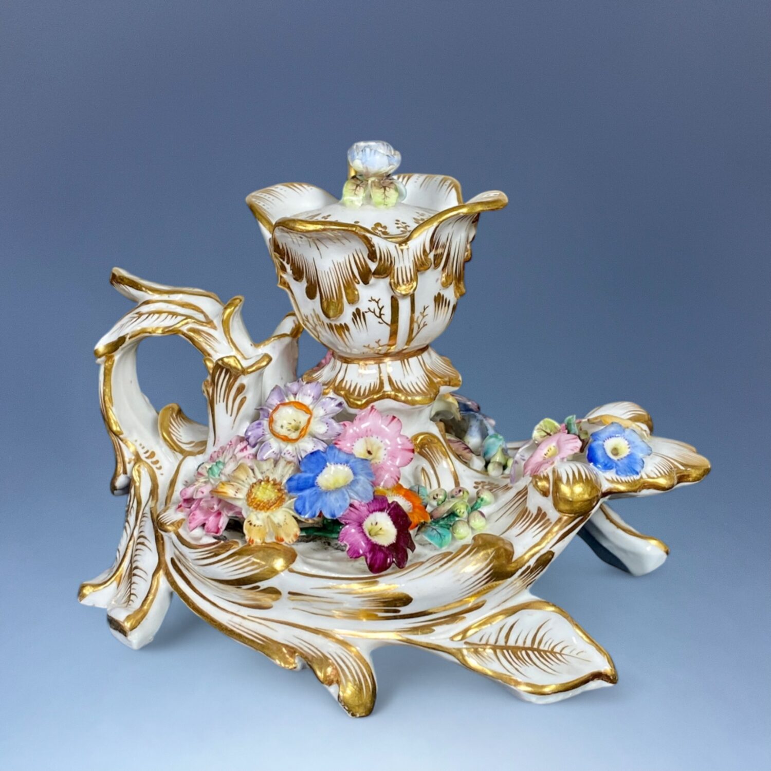 C19th English Porcelain Flower Encrusted Inkstand