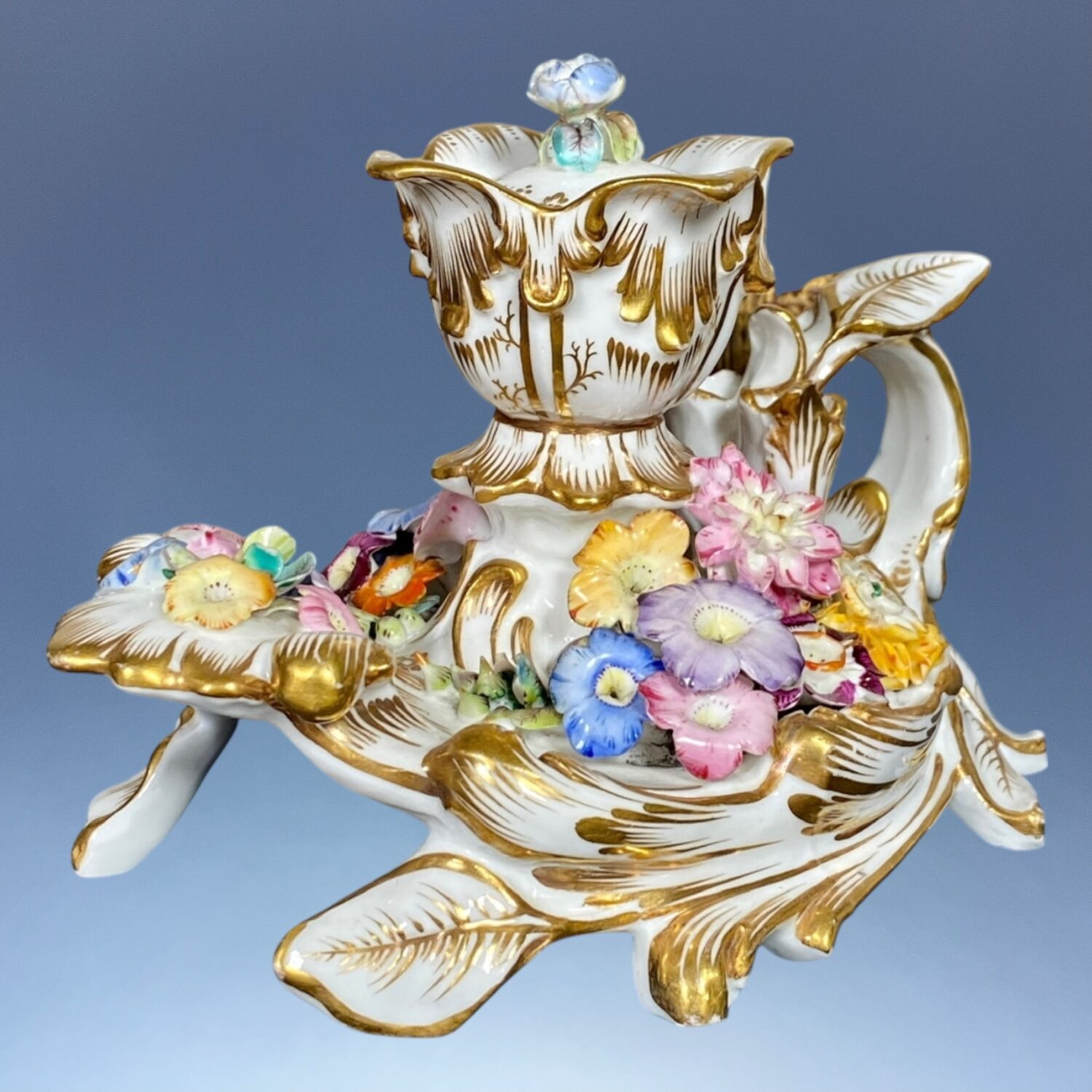 C19th English Porcelain Flower Encrusted Inkstand - Image 2