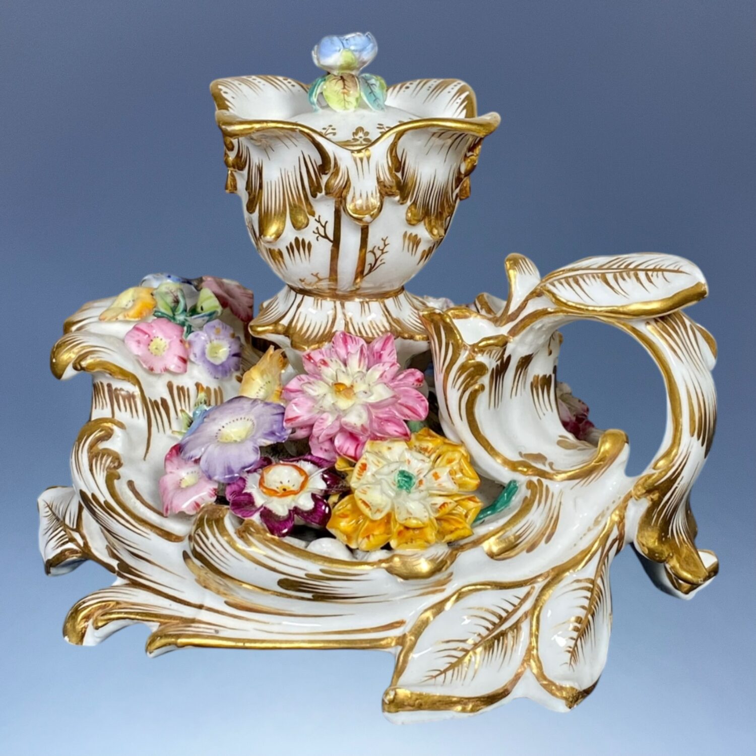 C19th English Porcelain Flower Encrusted Inkstand - Image 5