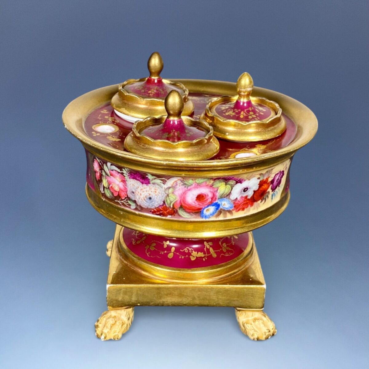 C19th Minton Porcelain Circular Inkstand on Feet.
