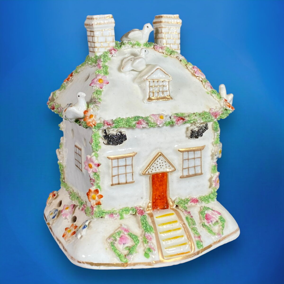 Staffordshire Pastille Burner House With Birds on Roof.
