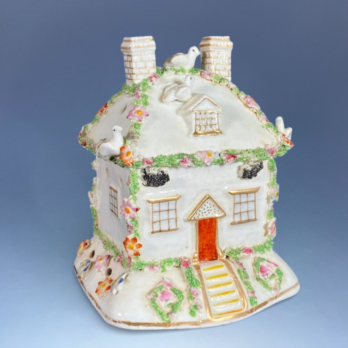 C19th Staffordshire Pastille Burner House With Birds on Roof.