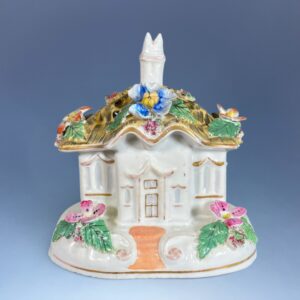 C19th Staffordshire Porcelain Thatched Cottage Pastille Burner.