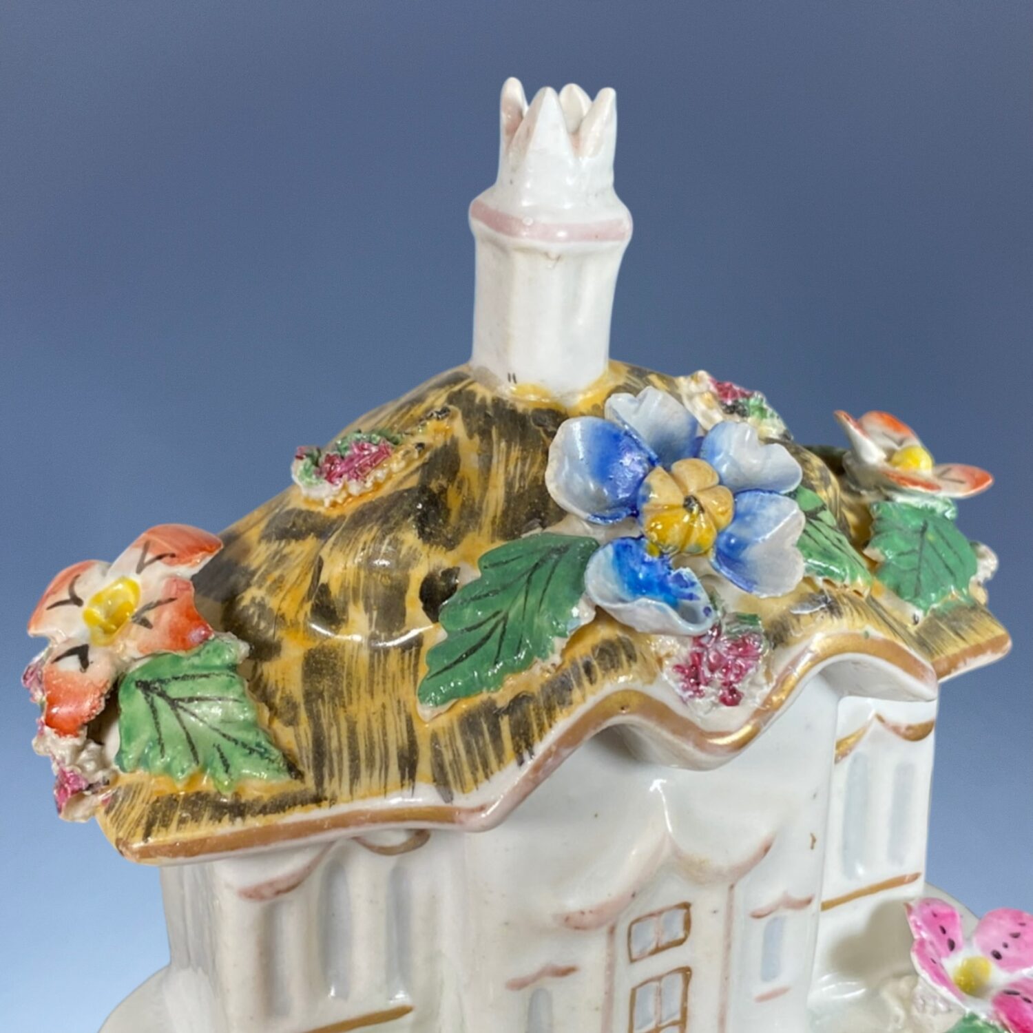 C19th Staffordshire Porcelain Thatched Cottage Pastille Burner. - Image 7