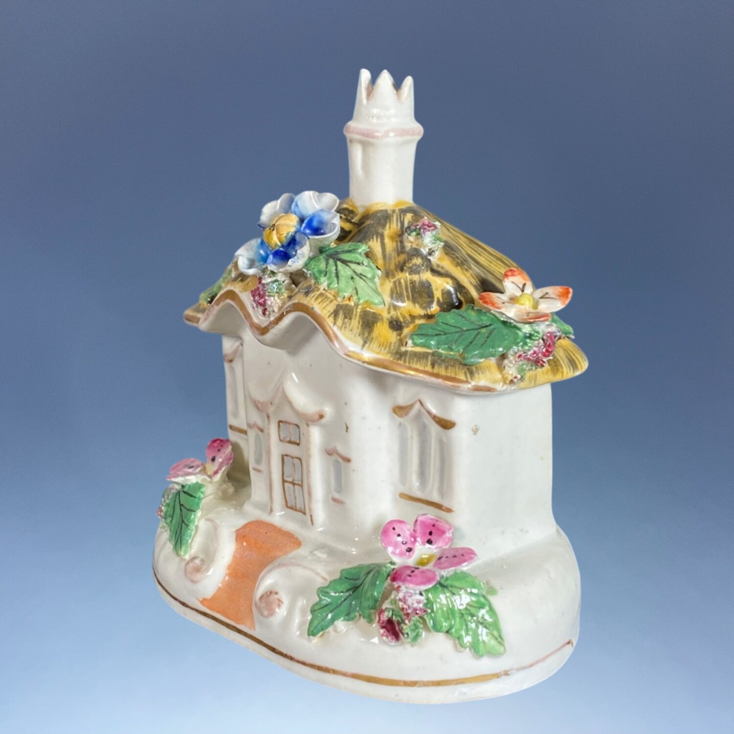 C19th Staffordshire Porcelain Thatched Cottage Pastille Burner. - Image 5