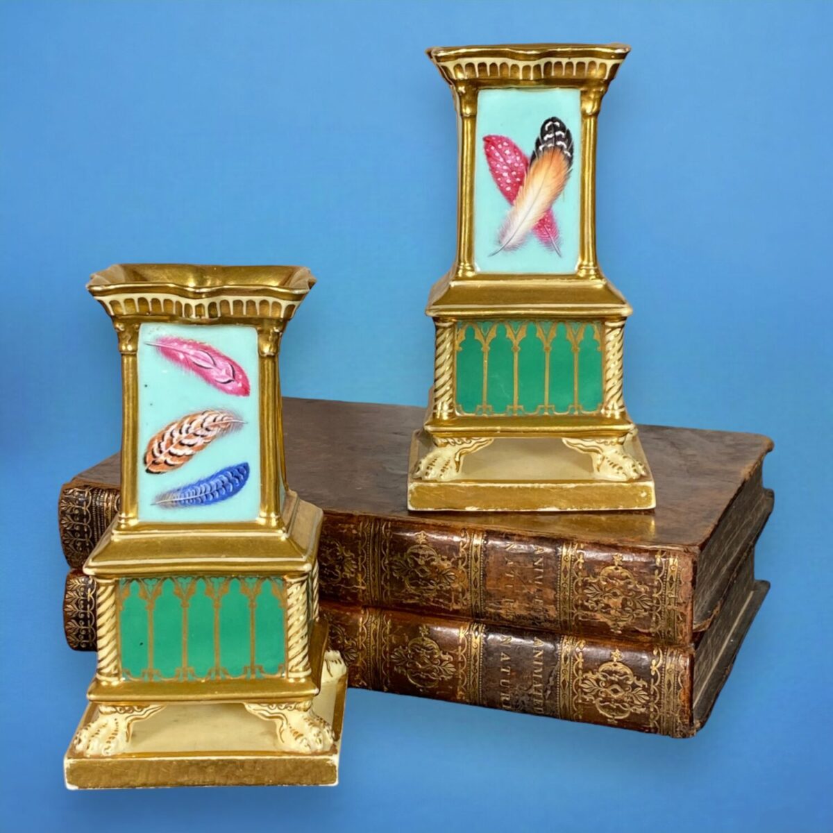 Pair of Minton ‘Corinthian Vases’ Painted with Feathers.