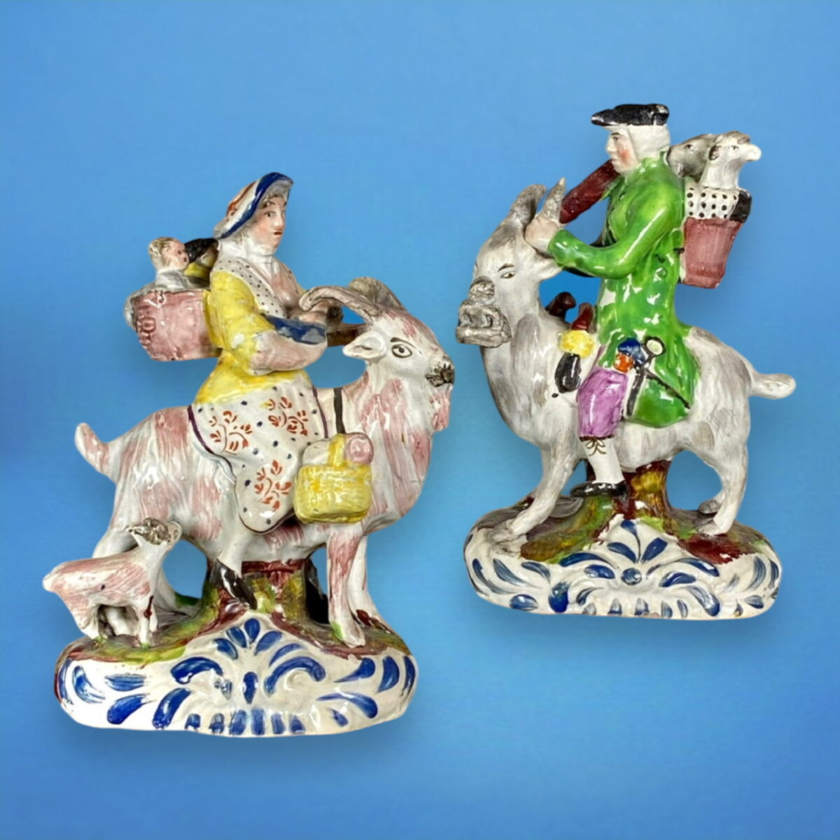 Pair of Staffordshire Pottery ‘Welch Tailor & Wife Riding Goats’, c1830.
