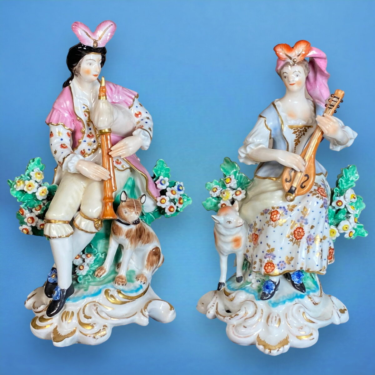 Pair of C18th Derby Shepherd Musician Figures.