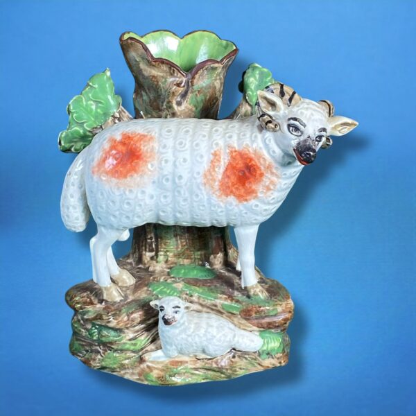 Antique Staffordshire Pottery Ram & Lamb Spill Vase.