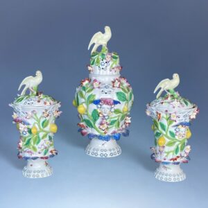 C18th Garniture of Bow Porcelain 'Frill' Vases & Covers.