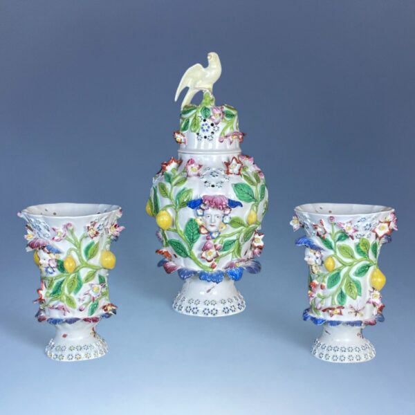 C18th Garniture of Bow Porcelain 'Frill' Vases & Covers. - Image 18