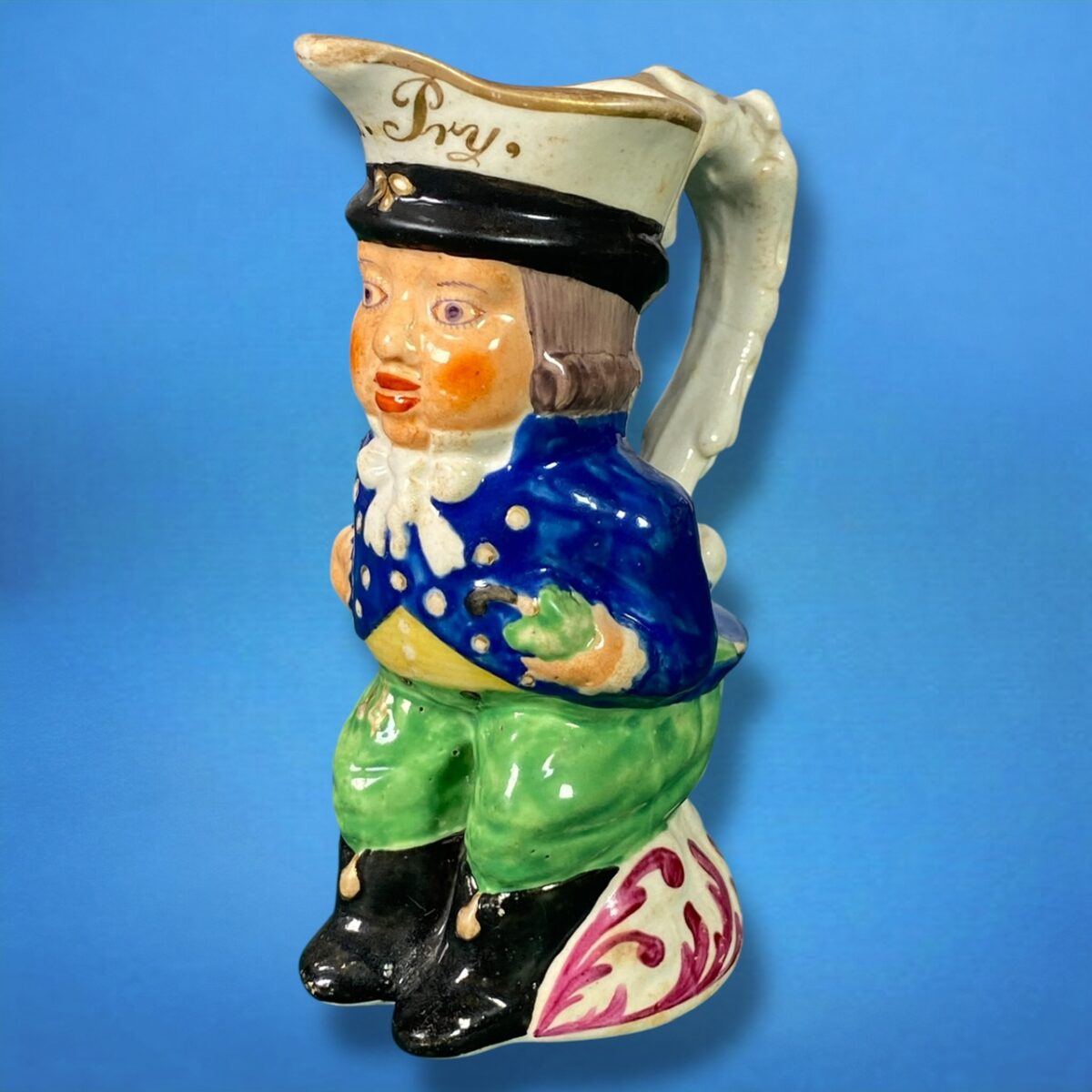 Antique Staffordshire Porcelain ‘Paul Pry’ Miniature Toby Jug.