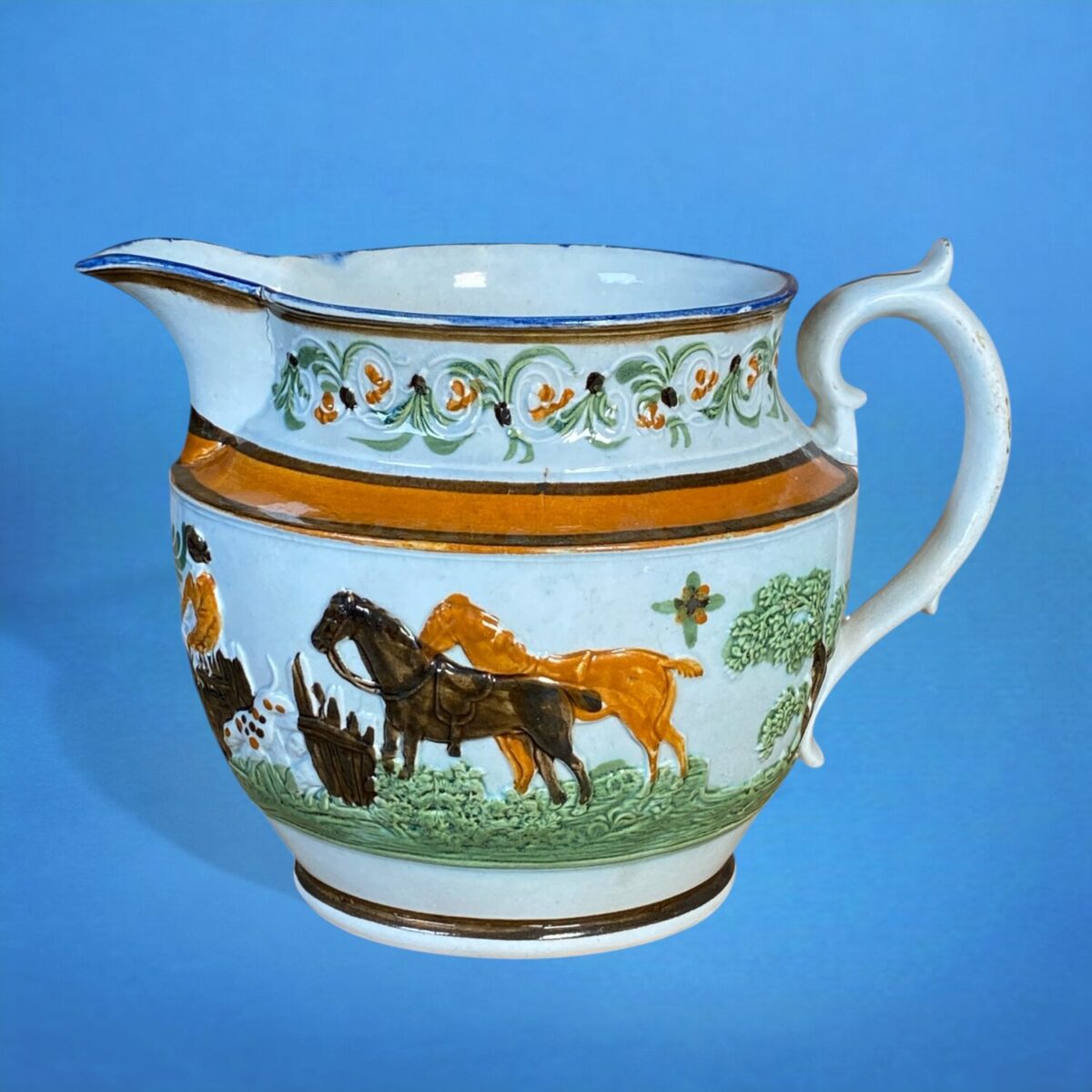 Early Staffordshire Pottery Jug with Fox Hunting Scene