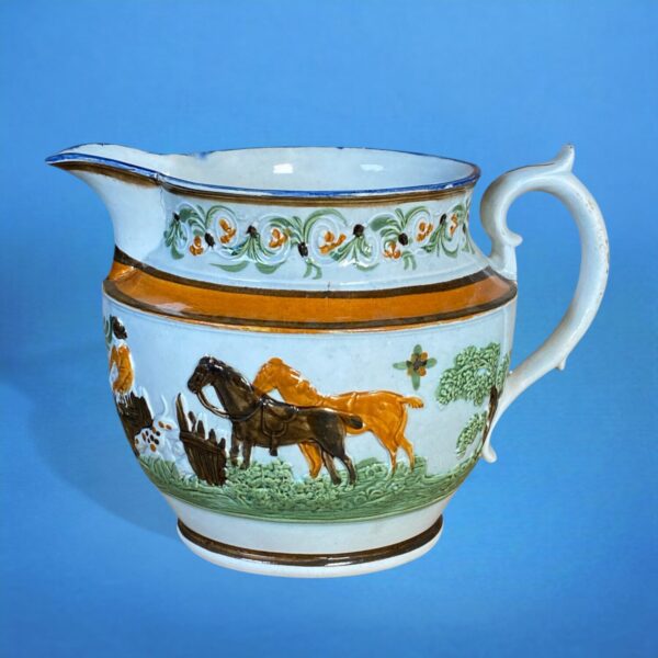 Early Staffordshire Pottery Jug with Fox Hunting Scene