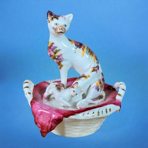 Antique Staffordshire Cat & Kittens in a Basket.