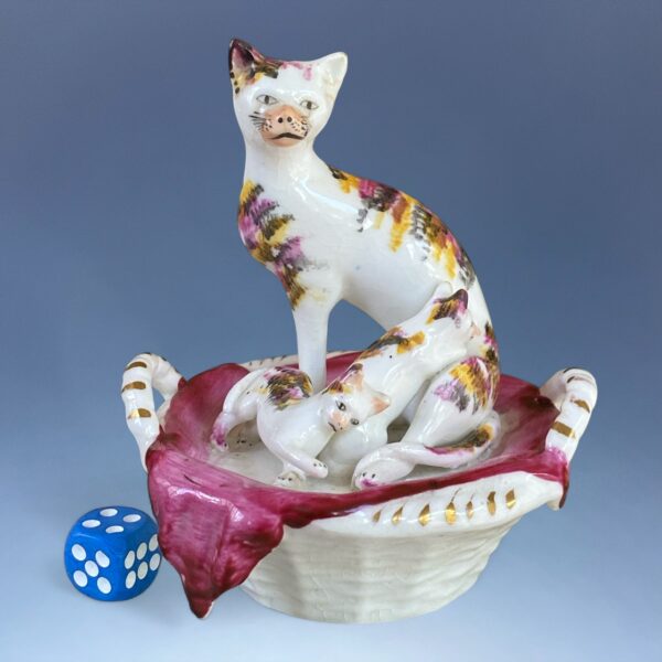 Antique Staffordshire Group of A Cat & Two Kittens in a Basket.