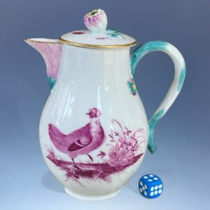18th Century Meissen Hot Water Jug - Puce Birds & Insects.