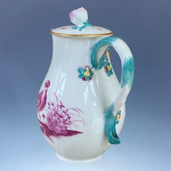18th Century Meissen Hot Water Jug - Puce Birds & Insects. - Image 3