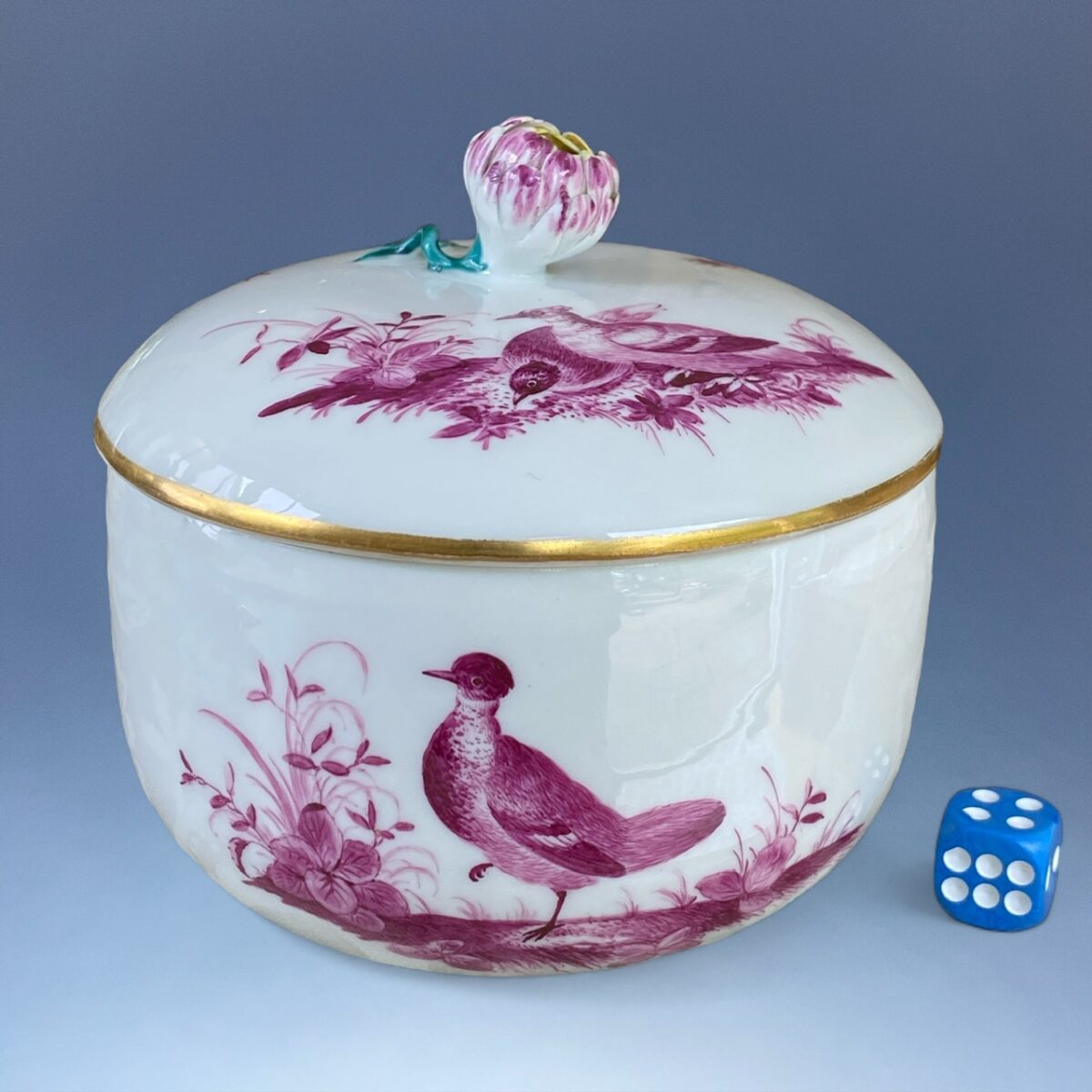 18th Century Meissen Sucrier & Cover – Puce Birds & Insects.