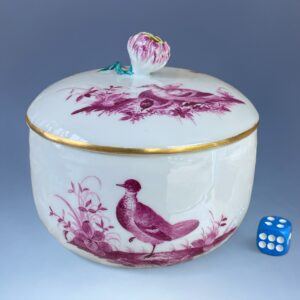 18th Century Meissen Sucrier & Cover - Puce Birds & Insects.