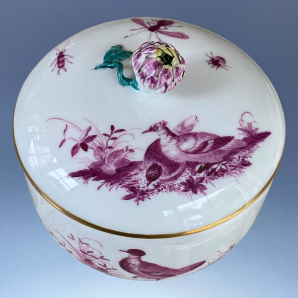 18th Century Meissen Sucrier & Cover - Puce Birds & Insects. - Image 2