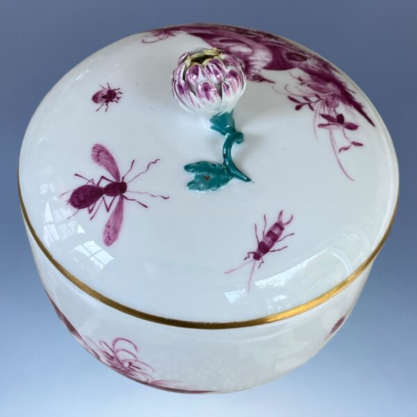 18th Century Meissen Sucrier & Cover - Puce Birds & Insects. - Image 3