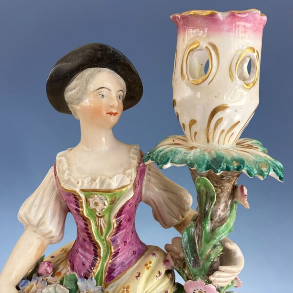 C19th Derby Porcelain Candlestick Figure - Girl With Flowers - Image 7