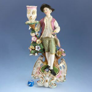 C19th Derby Porcelain Candlestick Figure of a Man Holding Flowers