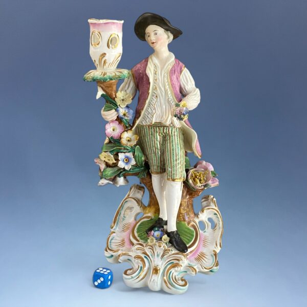 C19th Derby Porcelain Candlestick Figure of a Man Holding Flowers