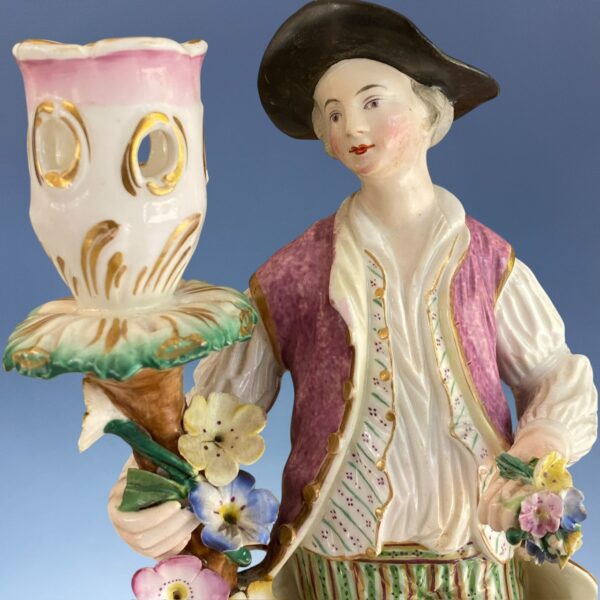 C19th Derby Porcelain Candlestick Figure of a Man Holding Flowers - Image 2