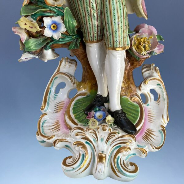 C19th Derby Porcelain Candlestick Figure of a Man Holding Flowers - Image 4
