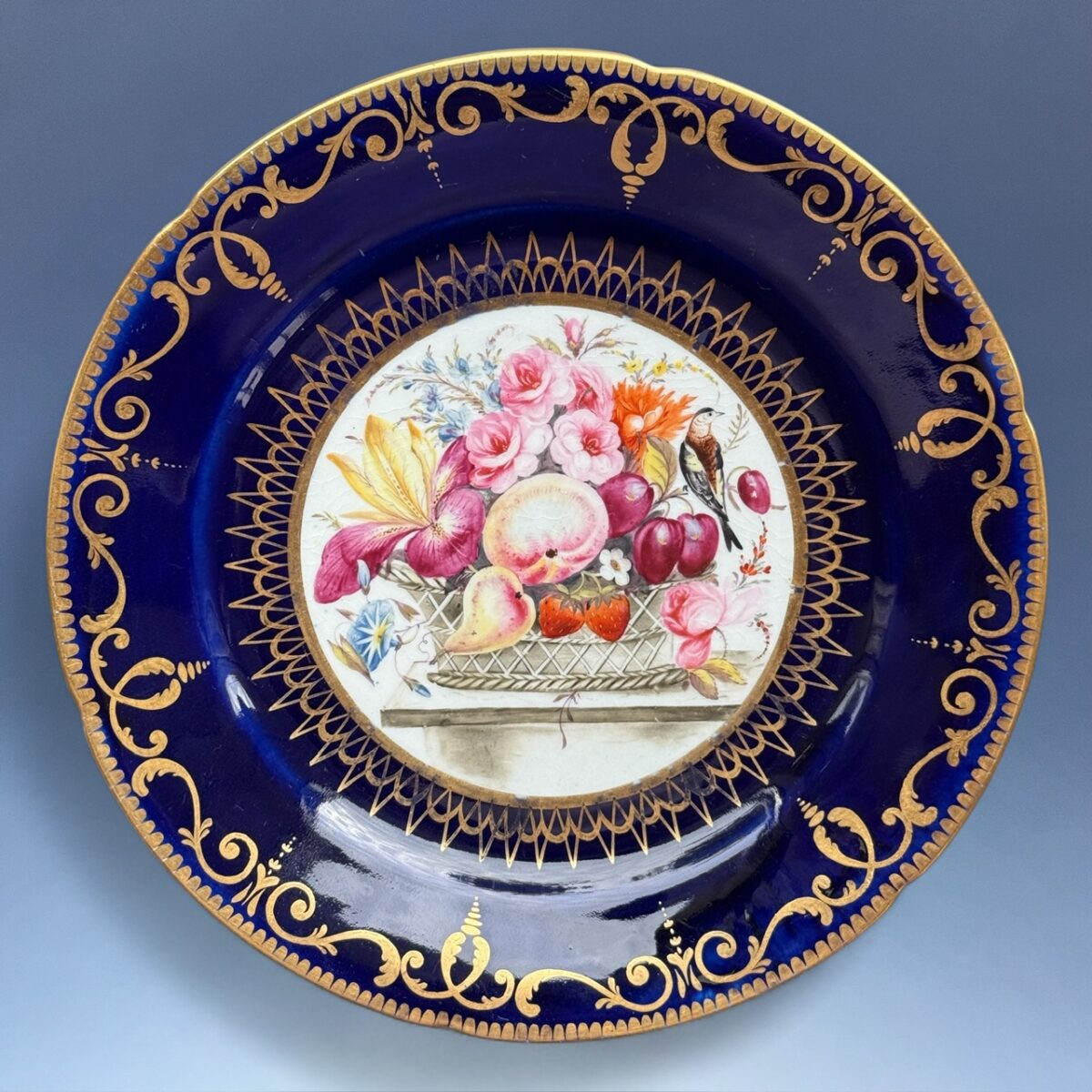 Early Coalport Porcelain Plate (18477) Basket of Fruit & Flowers & a Bird