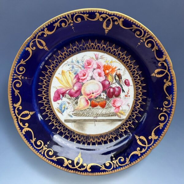 Early Coalport Porcelain Plate (18477) Basket of Fruit & Flowers & a Bird
