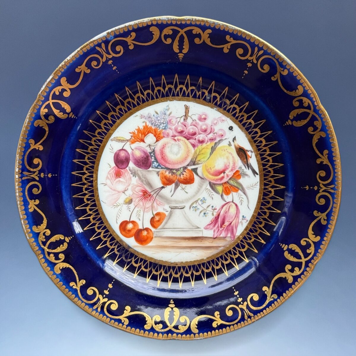 Early Coalport Porcelain Plate (18479) Fruit, Flowers & a Bird.