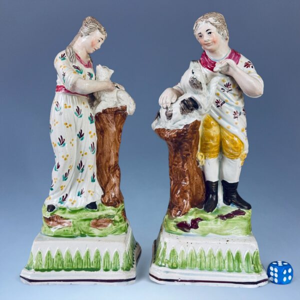 Pair of Early Staffordshire Figures - Boy with Dog & Girl with Lamb.