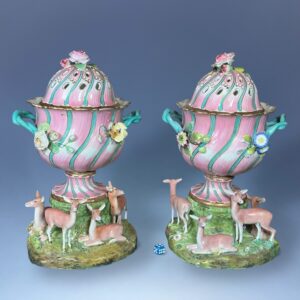 Pair of H & R Daniel Porcelain Pot Pourie Vases and Covers, with Deer…