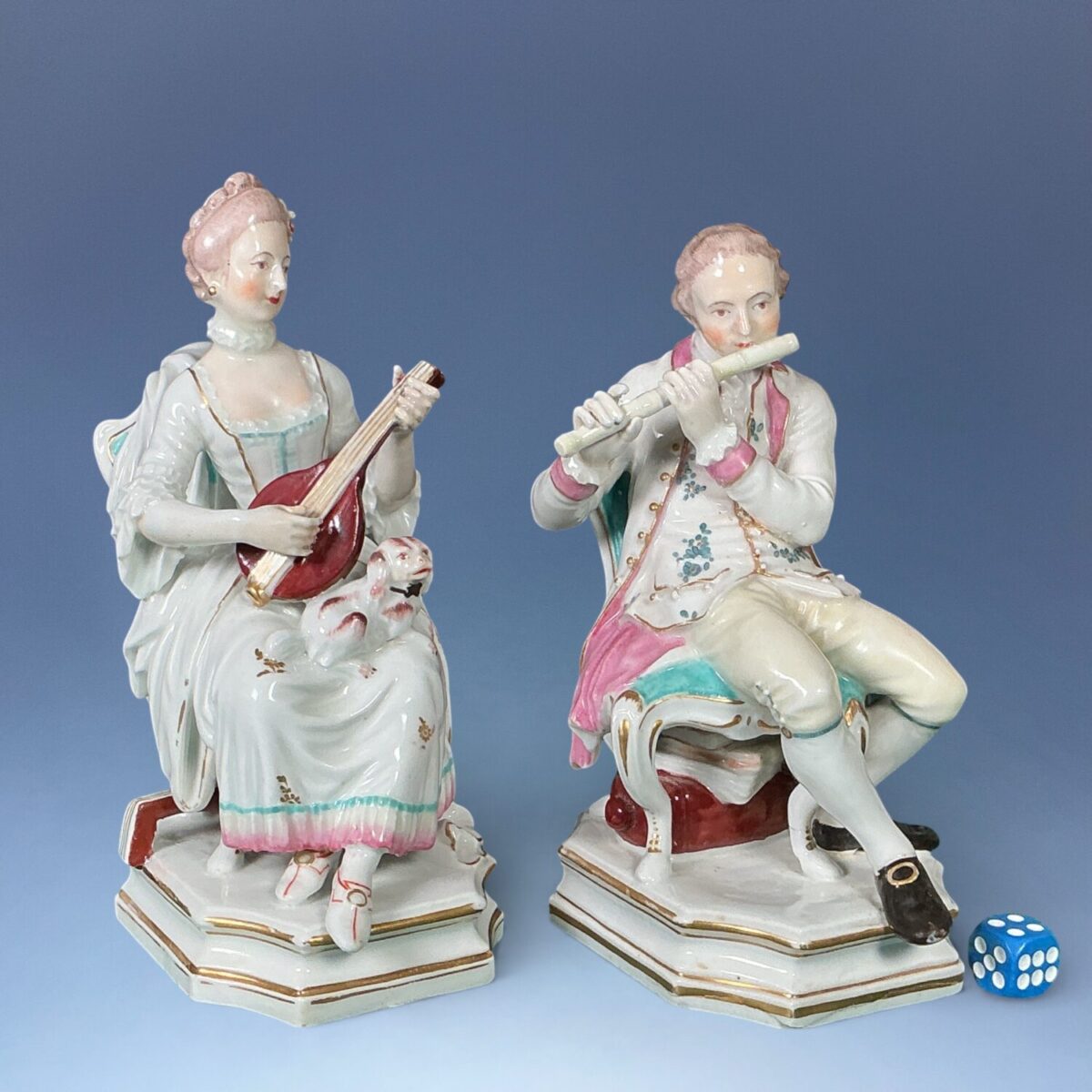 C18th Chelsea-Derby Porcelain – Pair of Seated Musicians.