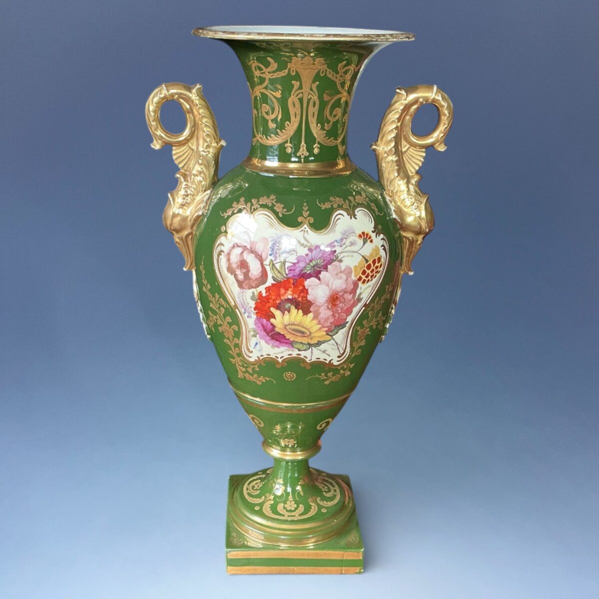 C19th English Porcelain Vase with Dolphin Handles.