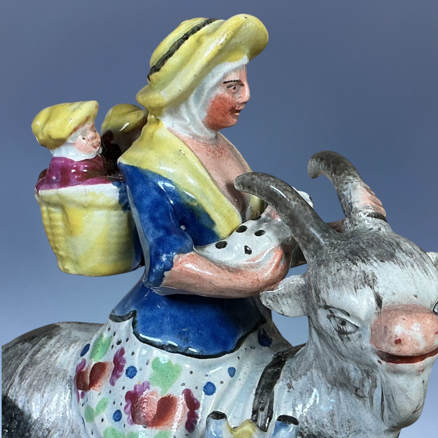 Staffordshire Pottery Figure - Welch Tailor’s Wife Riding a Goat. - Image 2