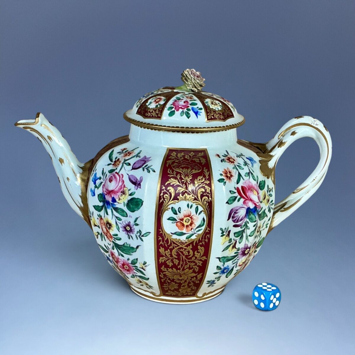 C18th Worcester Teapot – Claret and Floral Stripes.