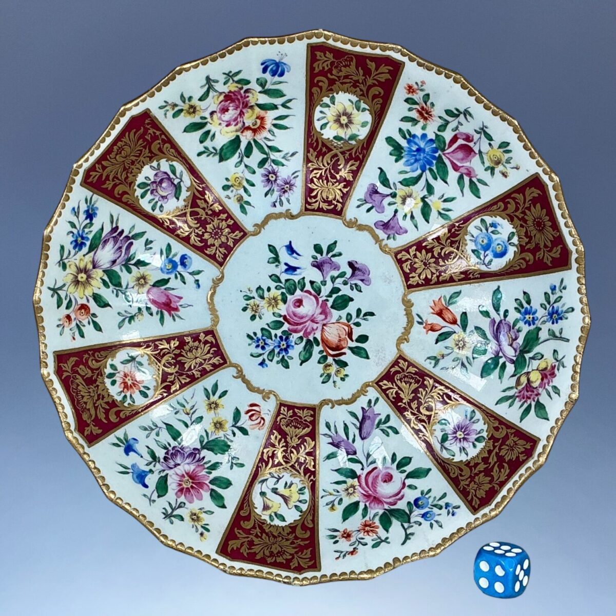 C18th Worcester Saucer Dish – Claret and Floral Stripes.